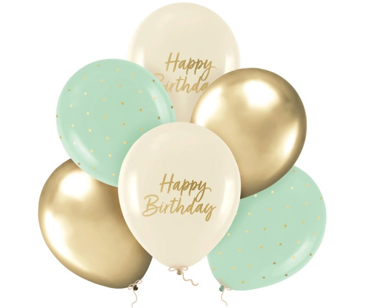 Conj. Balões Happy Birthday Verde, Bege e Dourado
