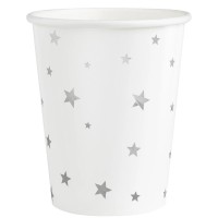 6 Copos Brancos Estrelas Prata