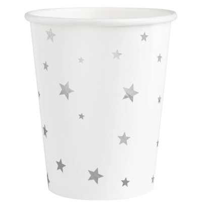 6 Copos Brancos Estrelas Prata