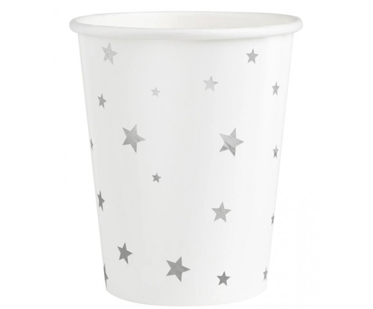 6 Copos Brancos Estrelas Prata