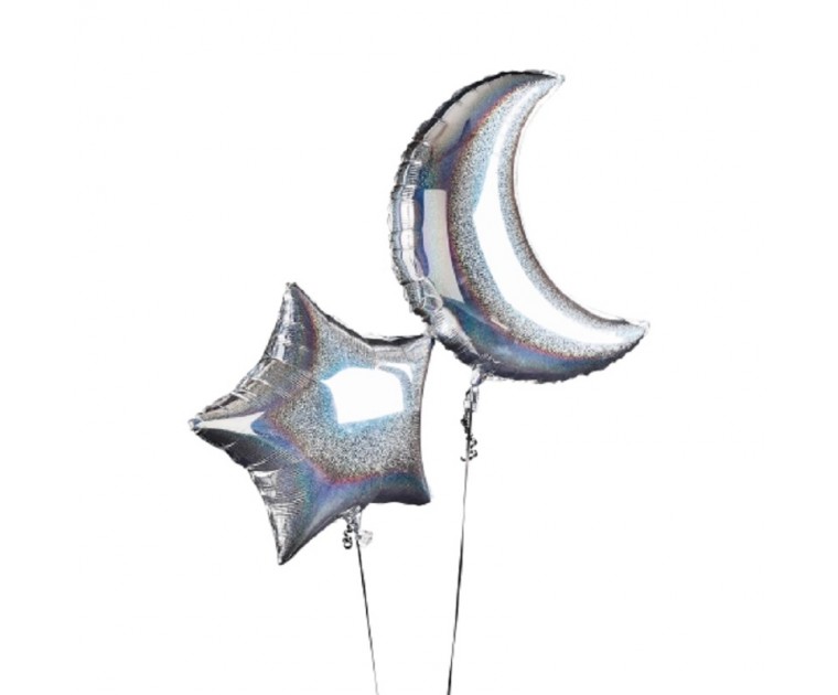 Conj. 2 Balões Estrela e Lua Holográficos