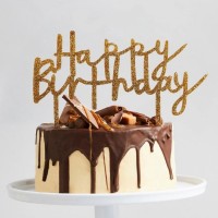 Topo Bolo Acrílico Happy Birthday Dourado Glitter