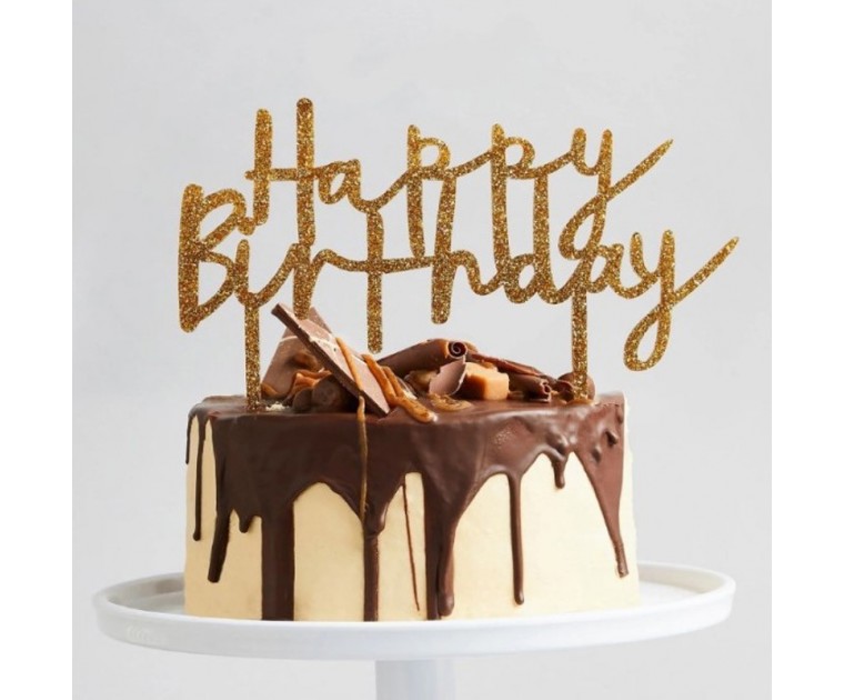 Topo Bolo Acrílico Happy Birthday Dourado Glitter