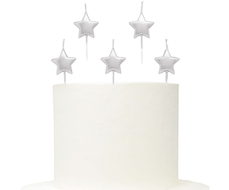 Conj 5 Velas Estrelas Prata