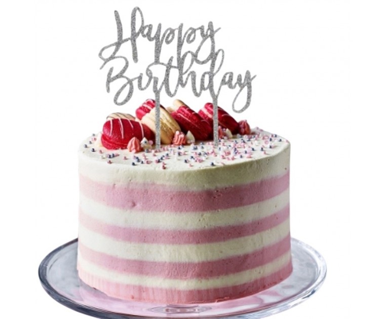 Topo Bolo Acrílico Happy Birthday Prata Glitter