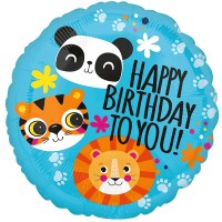 Balão Foil Happy Birthday Panda, Leão e Tigre