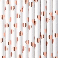 10 Palhinhas Brancas com Corações Rose Gold