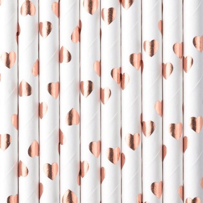 10 Palhinhas Brancas com Corações Rose Gold