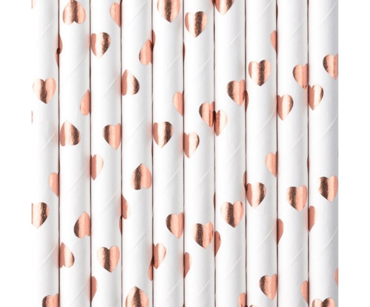 10 Palhinhas Brancas com Corações Rose Gold