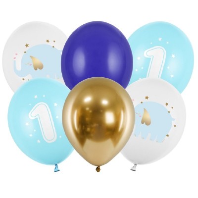 6 Balões Azuis e Dourados Elefantes 1º Aniversário