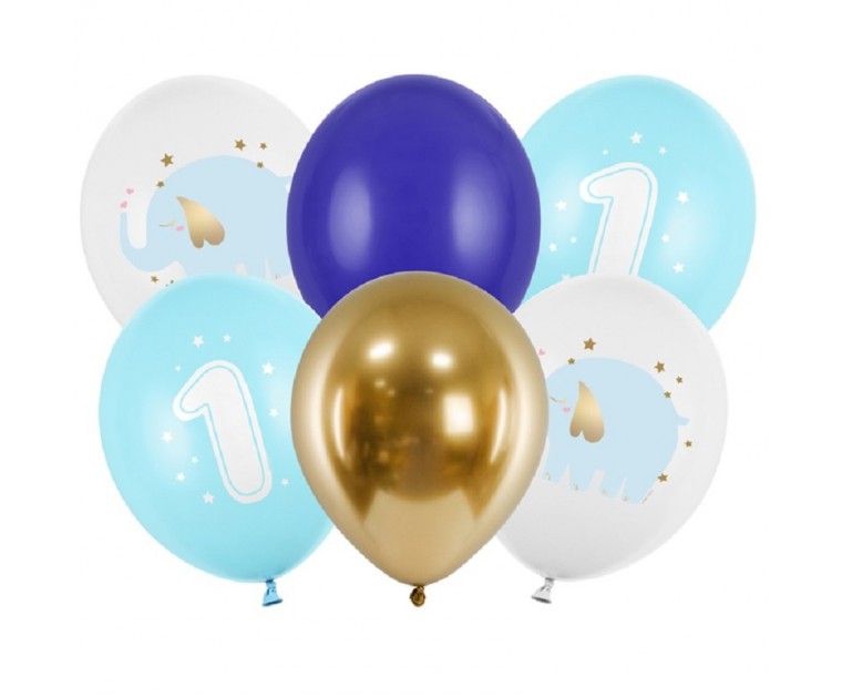 6 Balões Azuis e Dourados Elefantes 1º Aniversário