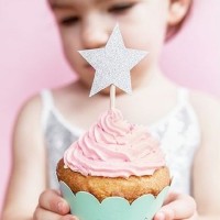 6 Toppers Cup Cakes Estrelas Prateadas