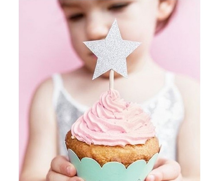 6 Toppers Cup Cakes Estrelas Prateadas