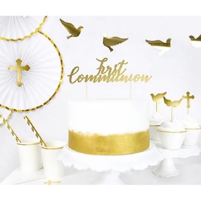 Topo Bolo Cartão Dourado First Communion