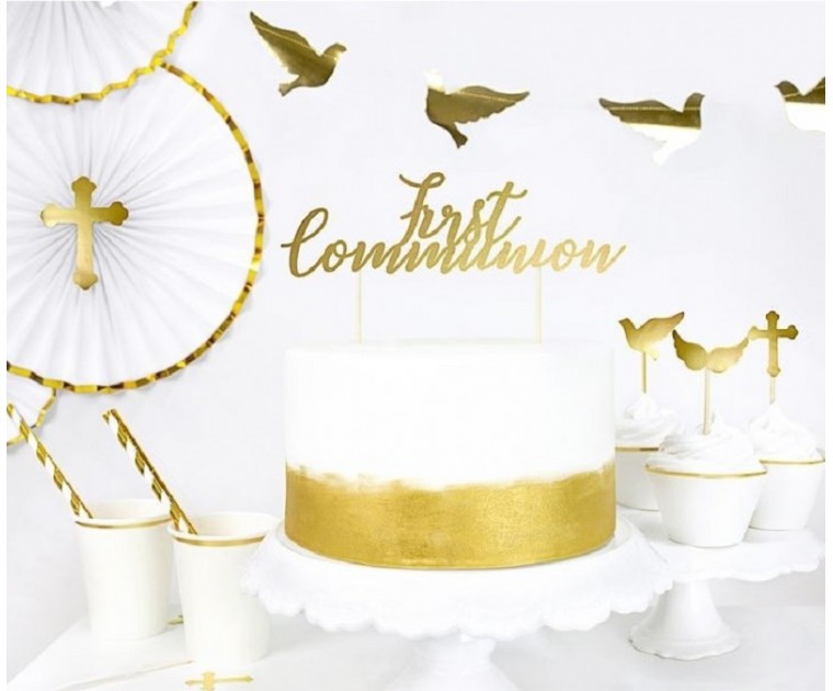 Topo Bolo Cartão Dourado First Communion