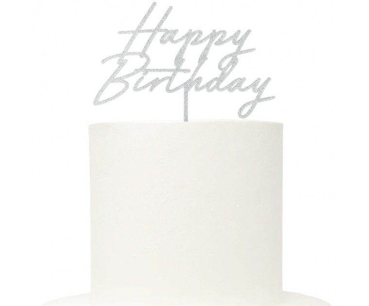 Topo Prateado Glitter Happy Birthday 