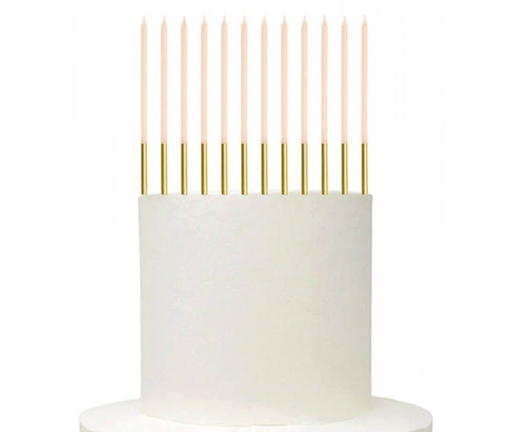 12 Velas Bege Base Dourada 14 cms