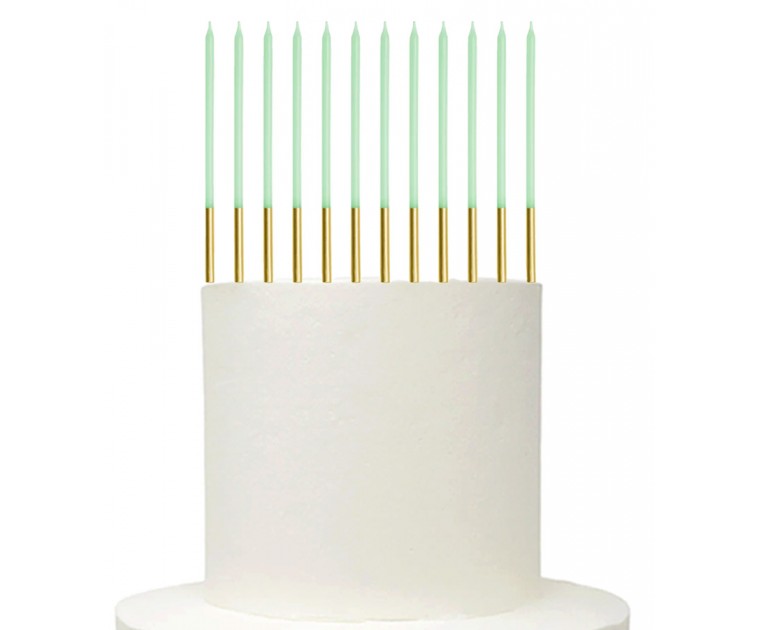 12 Velas Verde Claro Base Dourada 14 cms