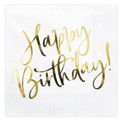 Guardanapo Branco Happy Birthday Dourado