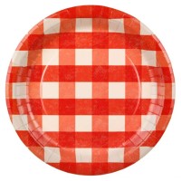 Pratos papel quadriculados branco e vermelho