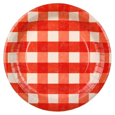 Pratos papel quadriculados branco e vermelho