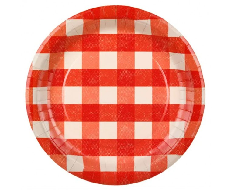Pratos papel quadriculados branco e vermelho