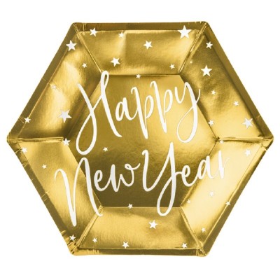 Conj. 6 Pratos Dourados Happy New Year
