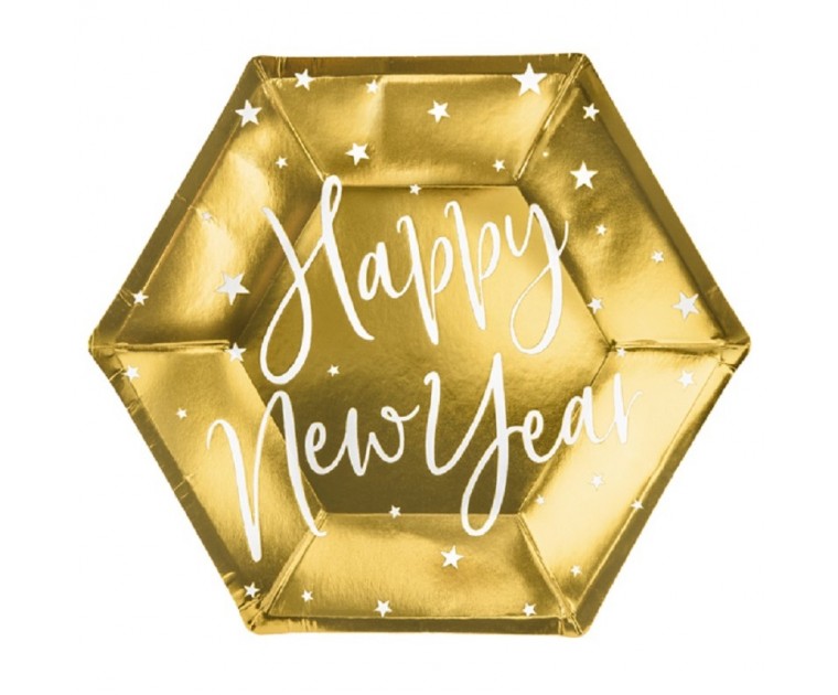 Conj. 6 Pratos Dourados Happy New Year