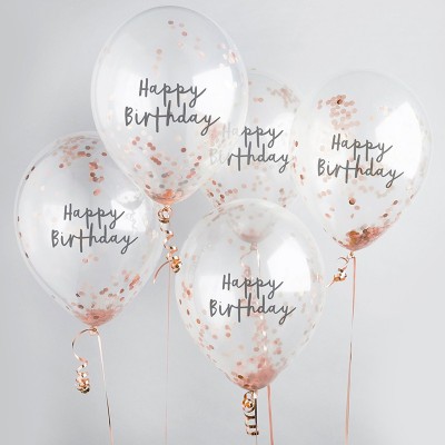 Conj. 5 Balões Happy Birthday Confetis Rose Gold