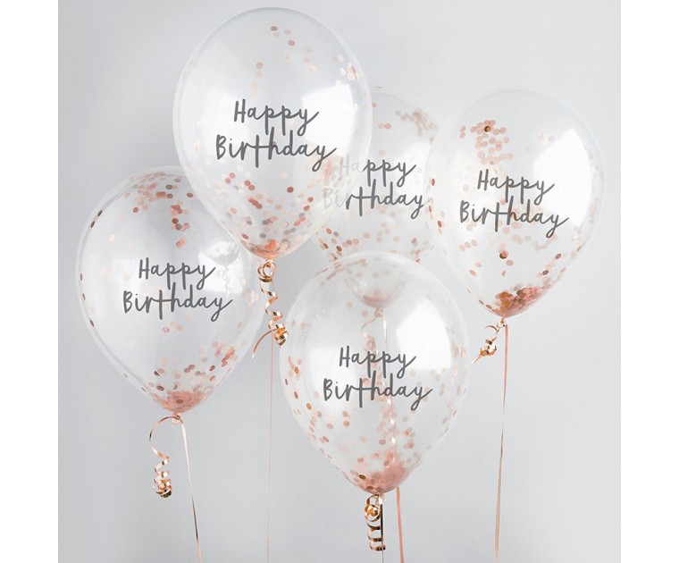 Conj. 5 Balões Happy Birthday Confetis Rose Gold