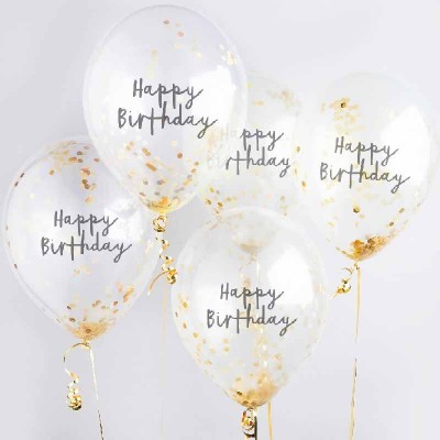 Conj. 5 Balões Transparentes com Confetis Happy Birthday