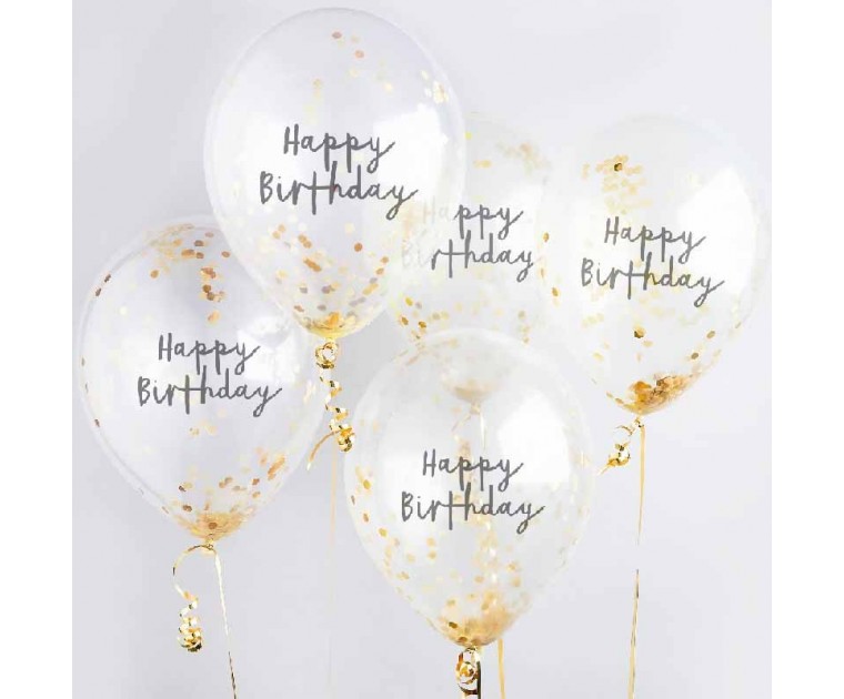 Conj. 5 Balões Transparentes com Confetis Happy Birthday