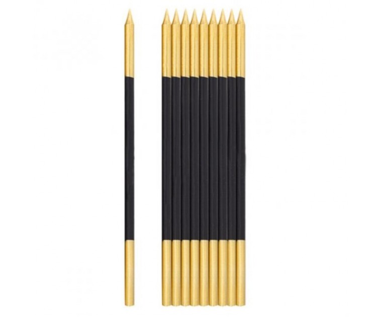 10 Velas Aniversário Preto e Douradas 15.5 cms