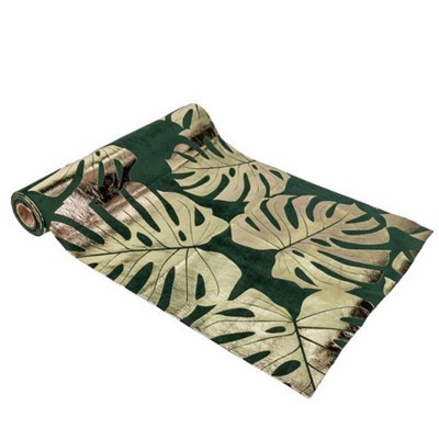 Table Runner Veludo Verde c/ Folhas Tropicais