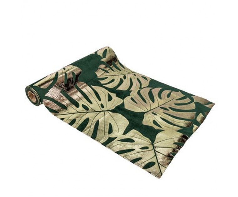 Table Runner Veludo Verde c/ Folhas Tropicais