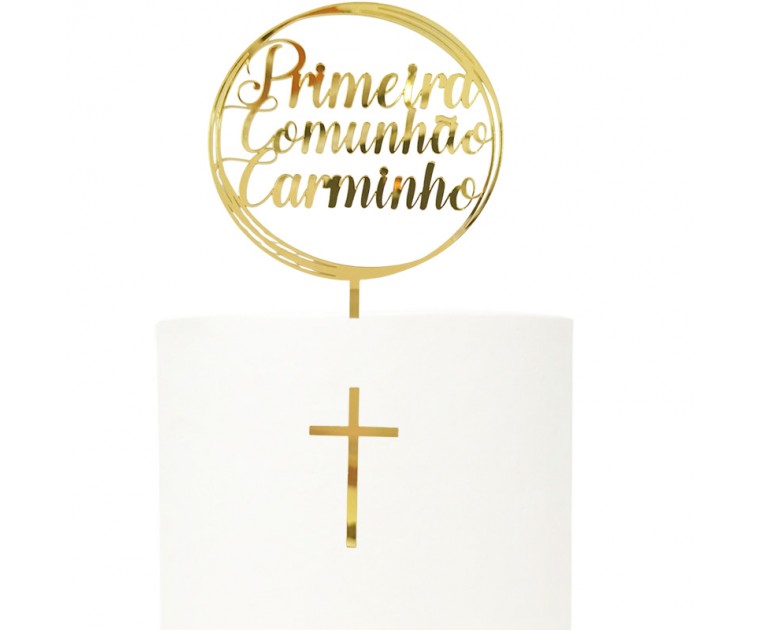 Topo Primeira Comunhão Dourado Personalizável 