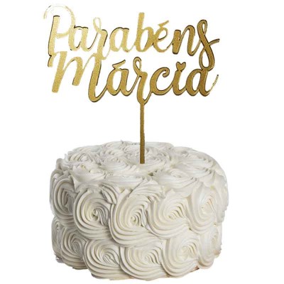 Topo Bolo Parabéns Personalizável Acrílico Dourado 