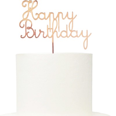 Topo Bolo Acrílico Happy Birthday Rose Gold
