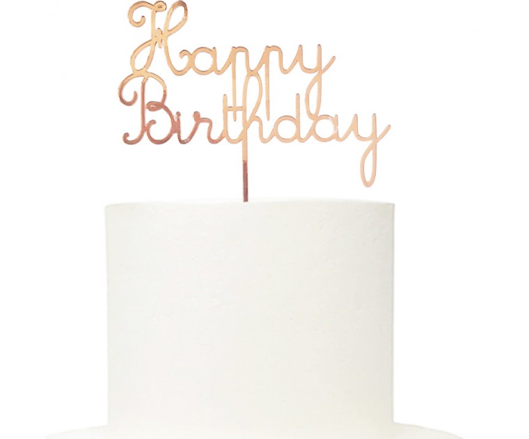 Topo Bolo Acrílico Happy Birthday Rose Gold