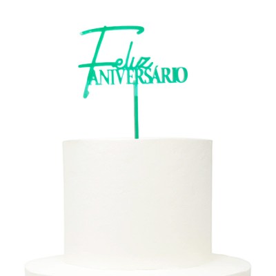 Topo Bolo Acrílico Feliz Aniversario Verde 