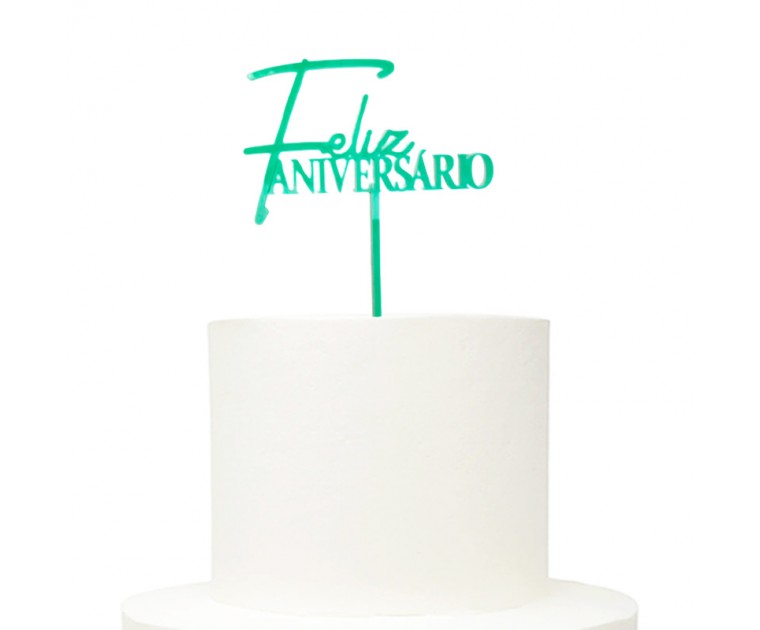Topo Bolo Acrílico Feliz Aniversario Verde 