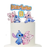 Topo Bolo Personalizável Stitch e Angel