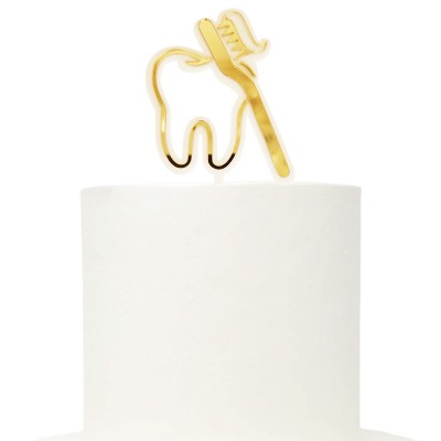 Topo Bolo Dentista Acrílico Branco e Dourado Sobreposto ***