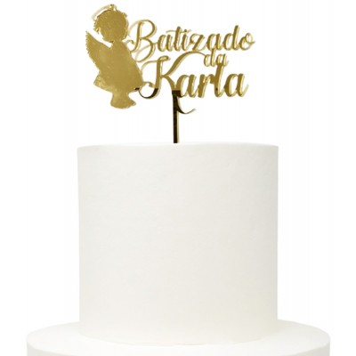 Topo Acrílico Dourado Batizado Anjo 